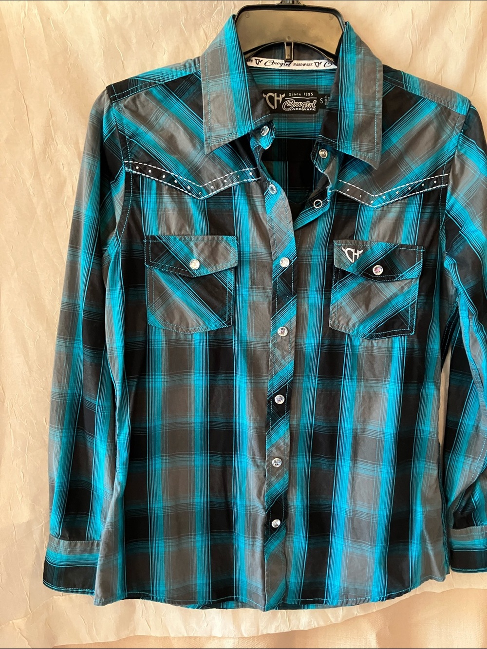 COWGIRL Women's Turquoise and Black Plaid Button-Down Shirt